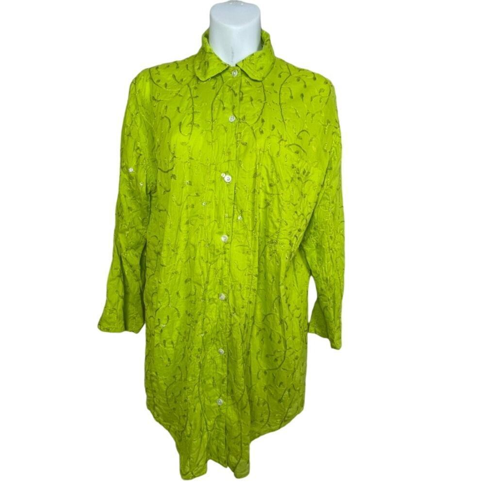 Graham Kandiah Button Up Shirt Long Line Tunic‎ Size S Embroidered Sequin Green